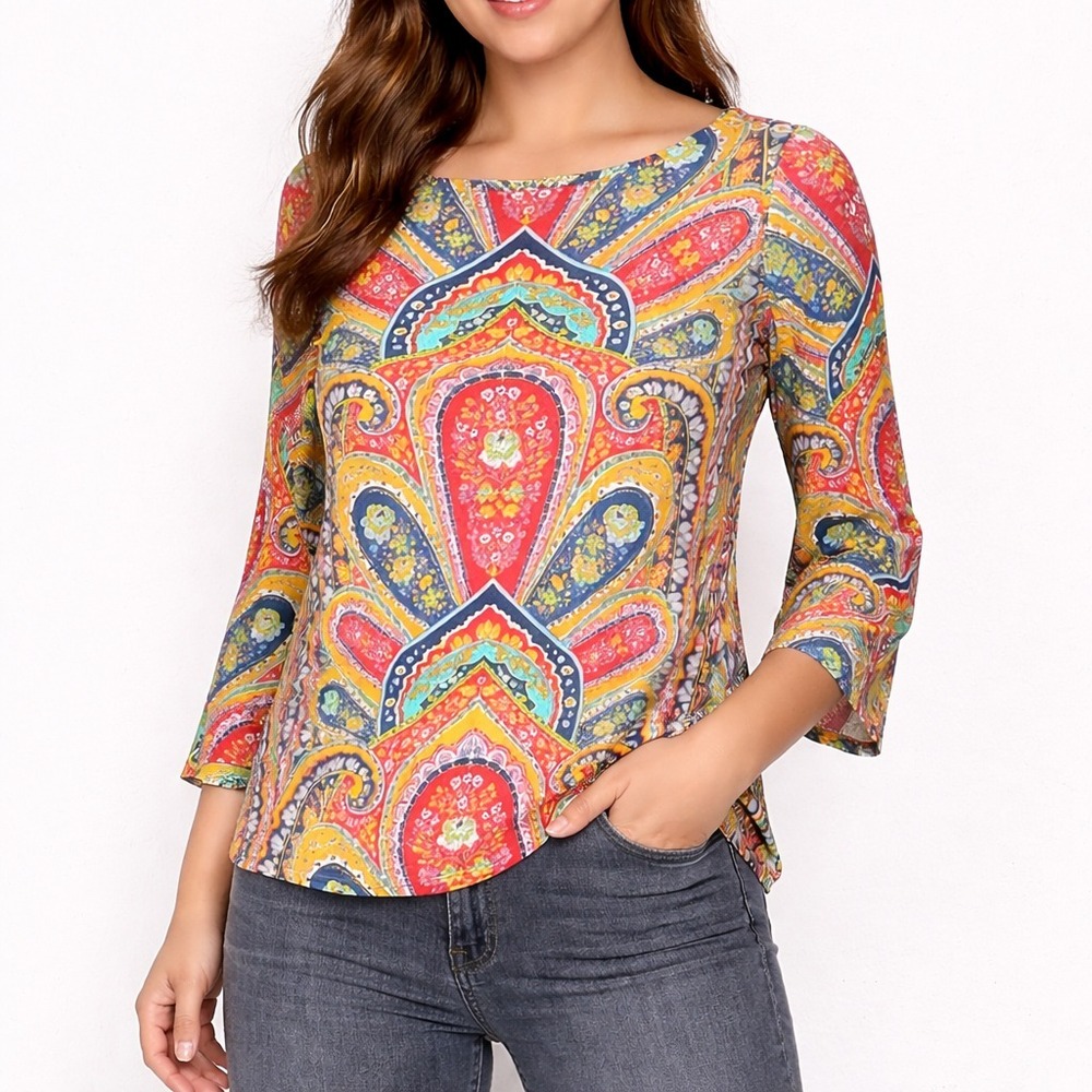 J.McLaughlin Pullover Top Women's Medium Paisley Print Boat Neck 3/4 Sleeve